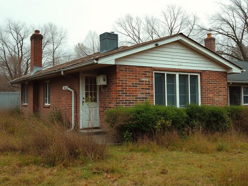 Neglected brick ranch house with peeling paint and overgrown yard