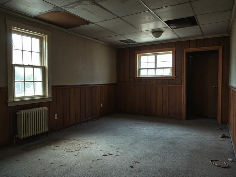 Dated house interior with torn carpet and water stained ceiling